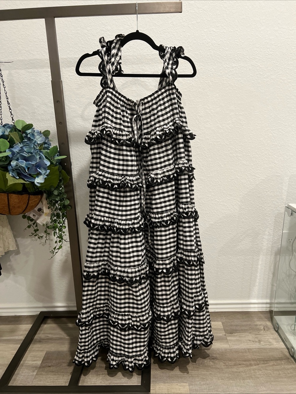 Black & White Gingham Ruffle Maxi Dress - Tie Strap Sundress (item D4)